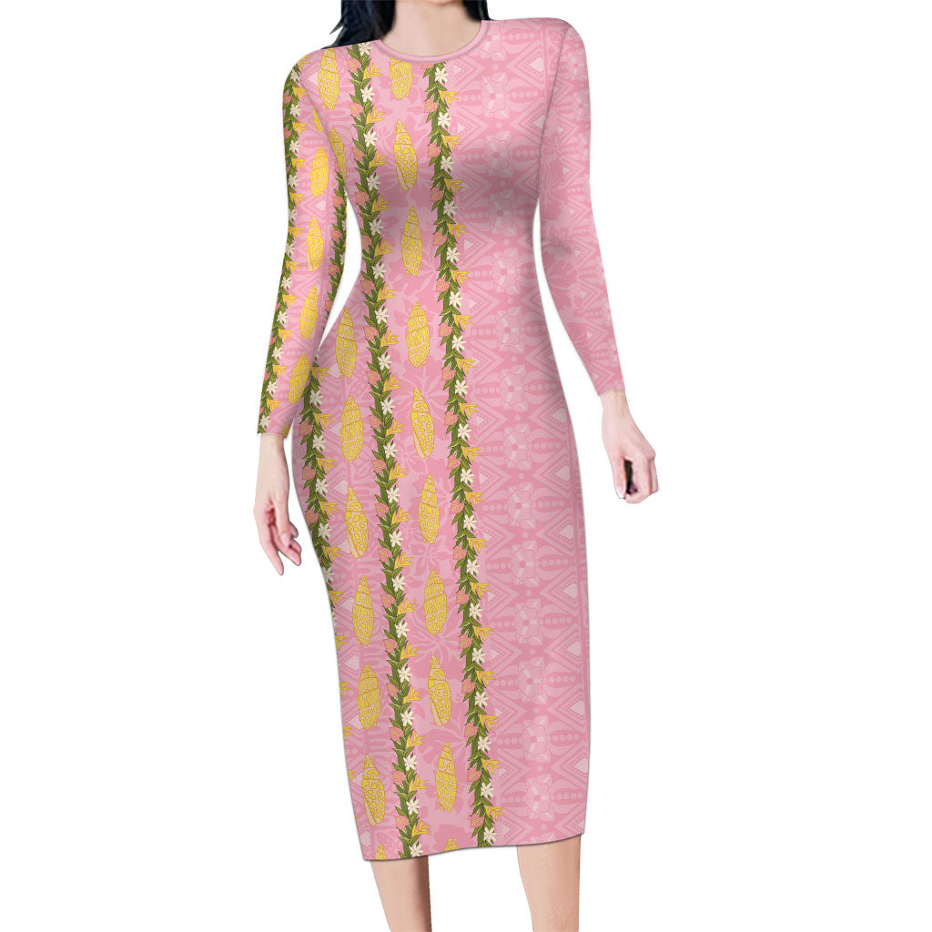Hawaii Shell Tiare Anthurium Heliconia Lei Long Sleeve Bodycon Dress With Tapa Pattern Baby Pink LT05 Long Dress Pink - Polynesian Pride