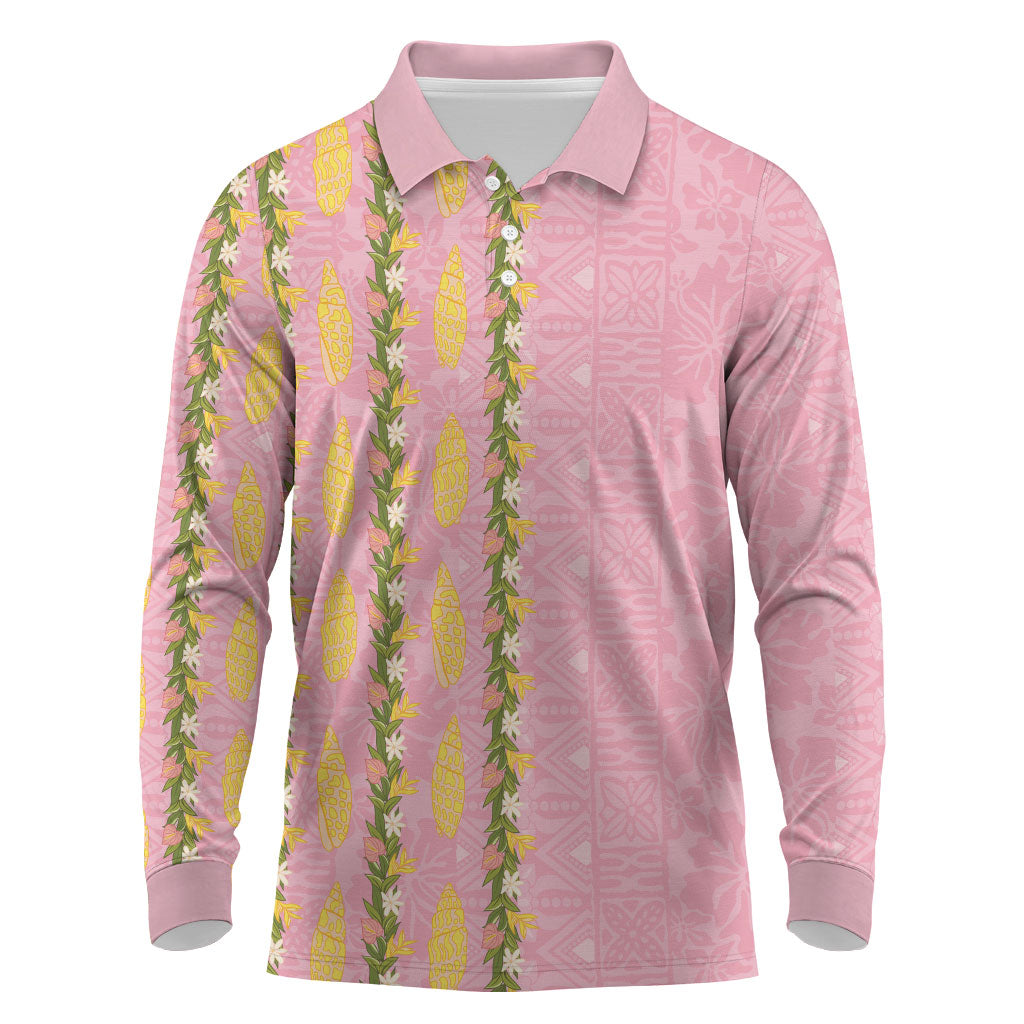 Hawaii Shell Tiare Anthurium Heliconia Lei Long Sleeve Polo Shirt With Tapa Pattern Baby Pink