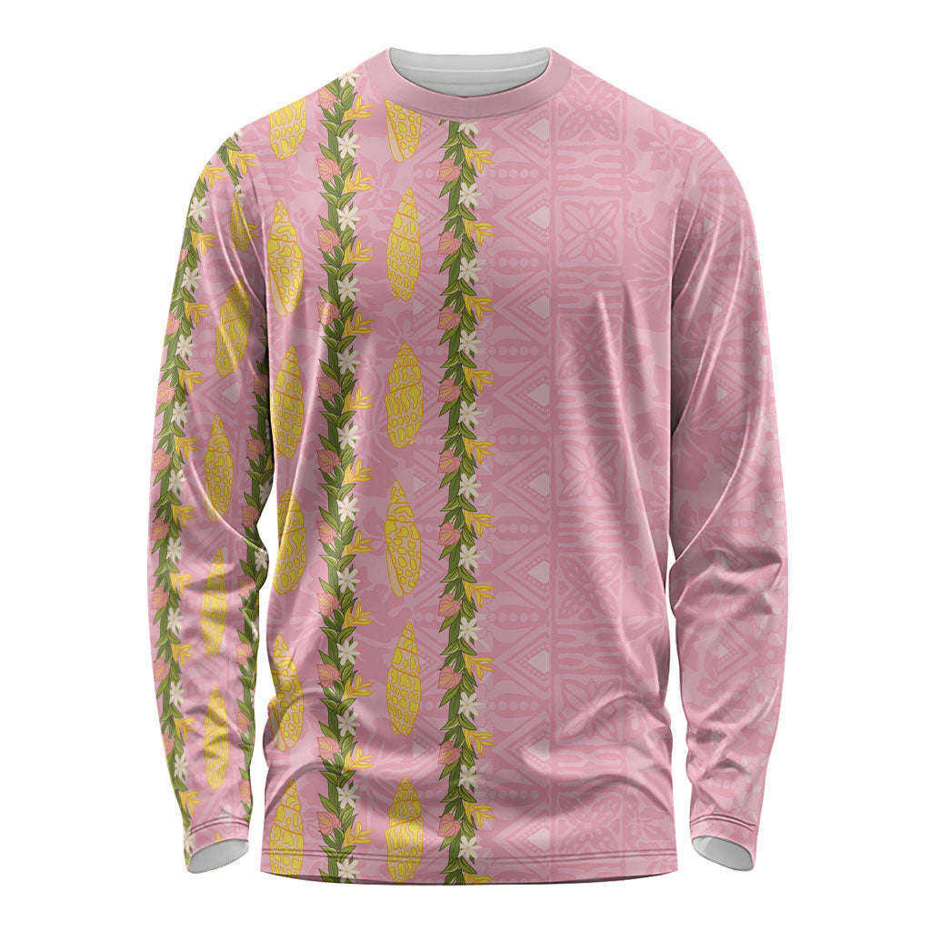 Hawaii Shell Tiare Anthurium Heliconia Lei Long Sleeve Shirt With Tapa Pattern Baby Pink LT05 Unisex Pink - Polynesian Pride