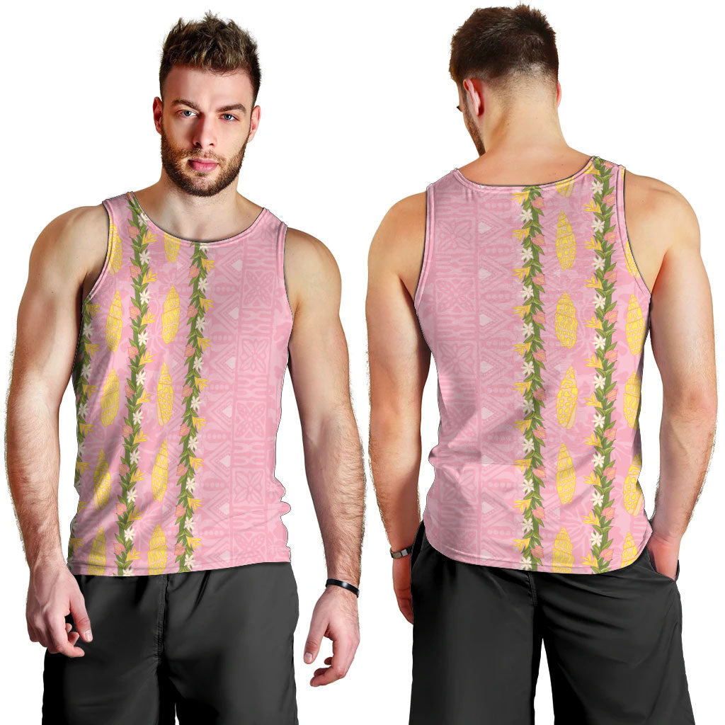 Hawaii Shell Tiare Anthurium Heliconia Lei Men Tank Top With Tapa Pattern Baby Pink