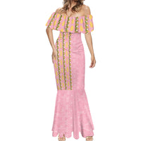 Hawaii Shell Tiare Anthurium Heliconia Lei Mermaid Dress With Tapa Pattern Baby Pink