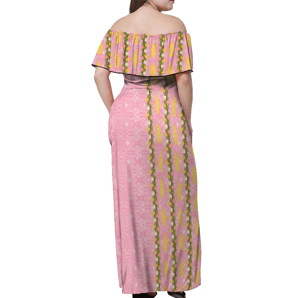 Hawaii Shell Tiare Anthurium Heliconia Lei Off Shoulder Maxi Dress With Tapa Pattern Baby Pink