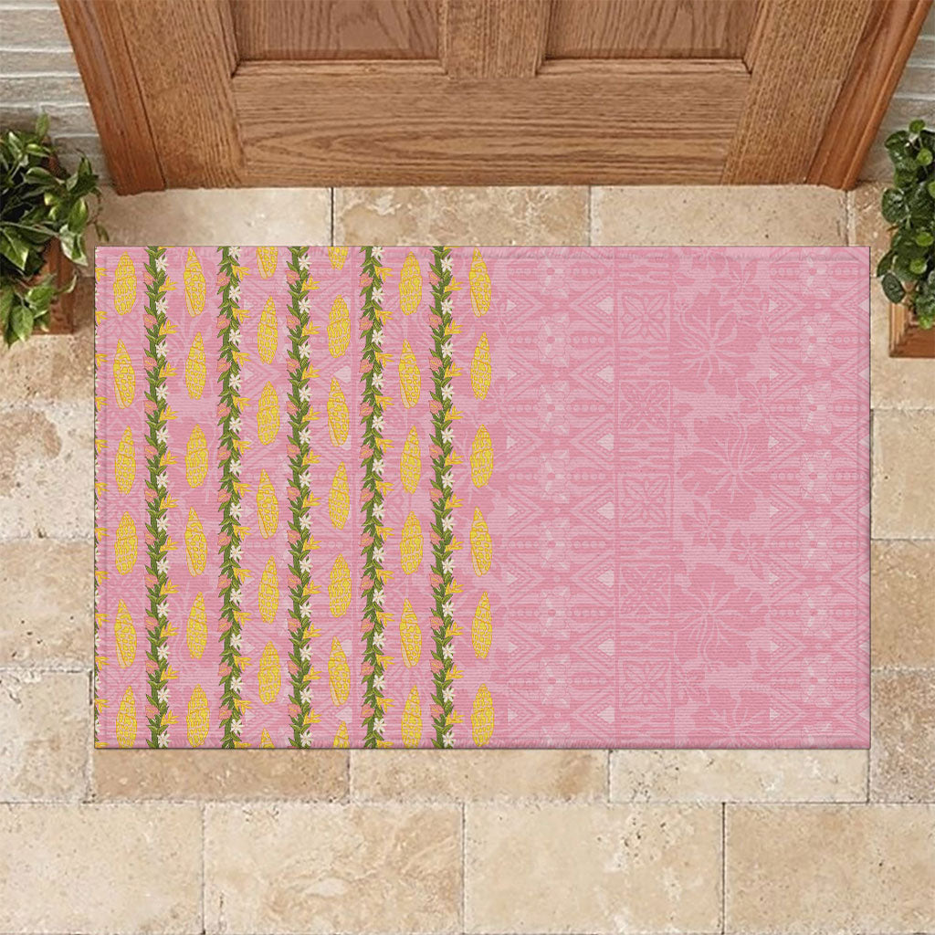 Hawaii Shell Tiare Anthurium Heliconia Lei Rubber Doormat With Tapa Pattern Baby Pink