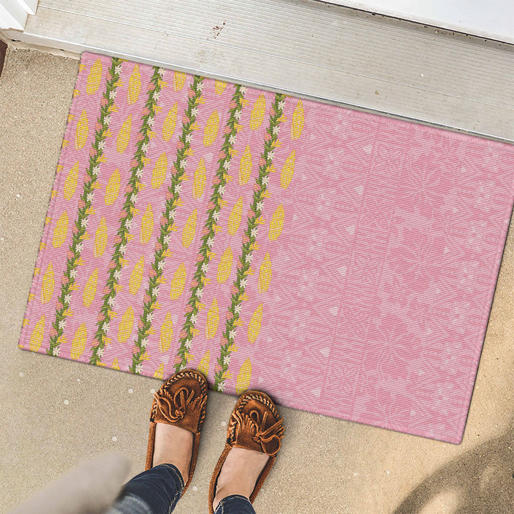 Hawaii Shell Tiare Anthurium Heliconia Lei Rubber Doormat With Tapa Pattern Baby Pink