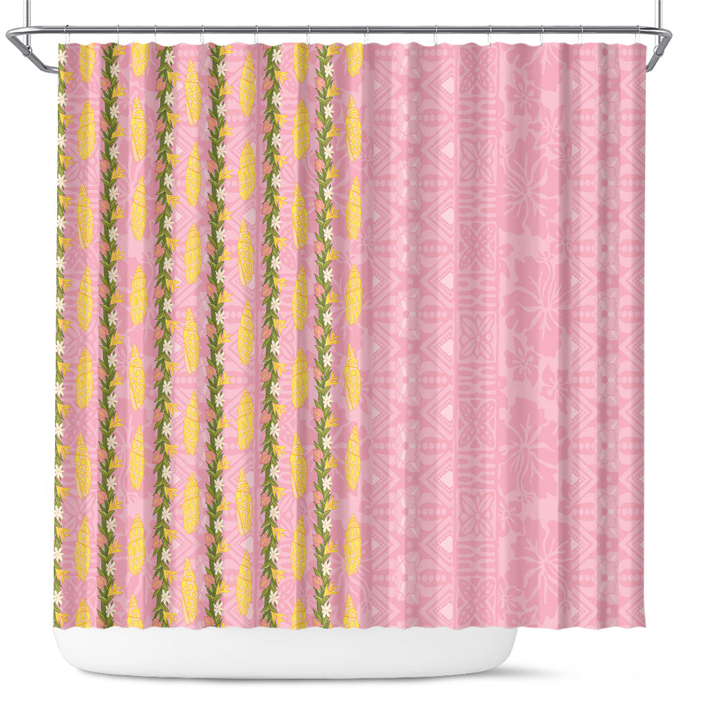 Hawaii Shell Tiare Anthurium Heliconia Lei Shower Curtain With Tapa Pattern Baby Pink