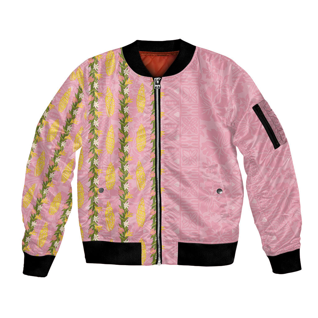 Hawaii Shell Tiare Anthurium Heliconia Lei Sleeve Zip Bomber Jacket With Tapa Pattern Baby Pink