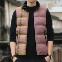Hawaii Shell Tiare Anthurium Heliconia Lei Sleeveless Puffer Jacket With Tapa Pattern Baby Pink