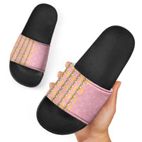 Hawaii Shell Tiare Anthurium Heliconia Lei Slide Sandals With Tapa Pattern Baby Pink