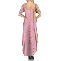 Hawaii Shell Tiare Anthurium Heliconia Lei Summer Maxi Dress With Tapa Pattern Baby Pink