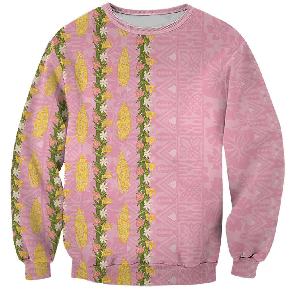 Hawaii Shell Tiare Anthurium Heliconia Lei Sweatshirt With Tapa Pattern Baby Pink