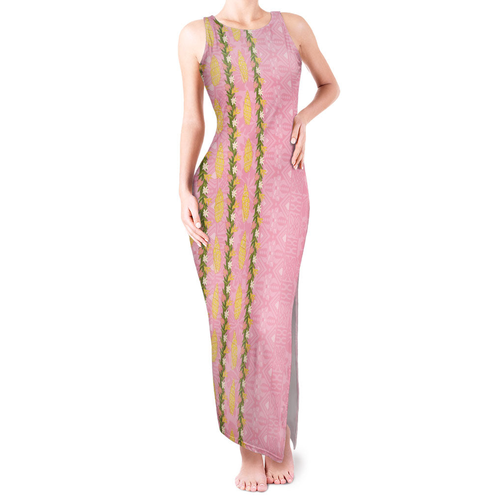 Hawaii Shell Tiare Anthurium Heliconia Lei Tank Maxi Dress With Tapa Pattern Baby Pink LT05 Women Pink - Polynesian Pride
