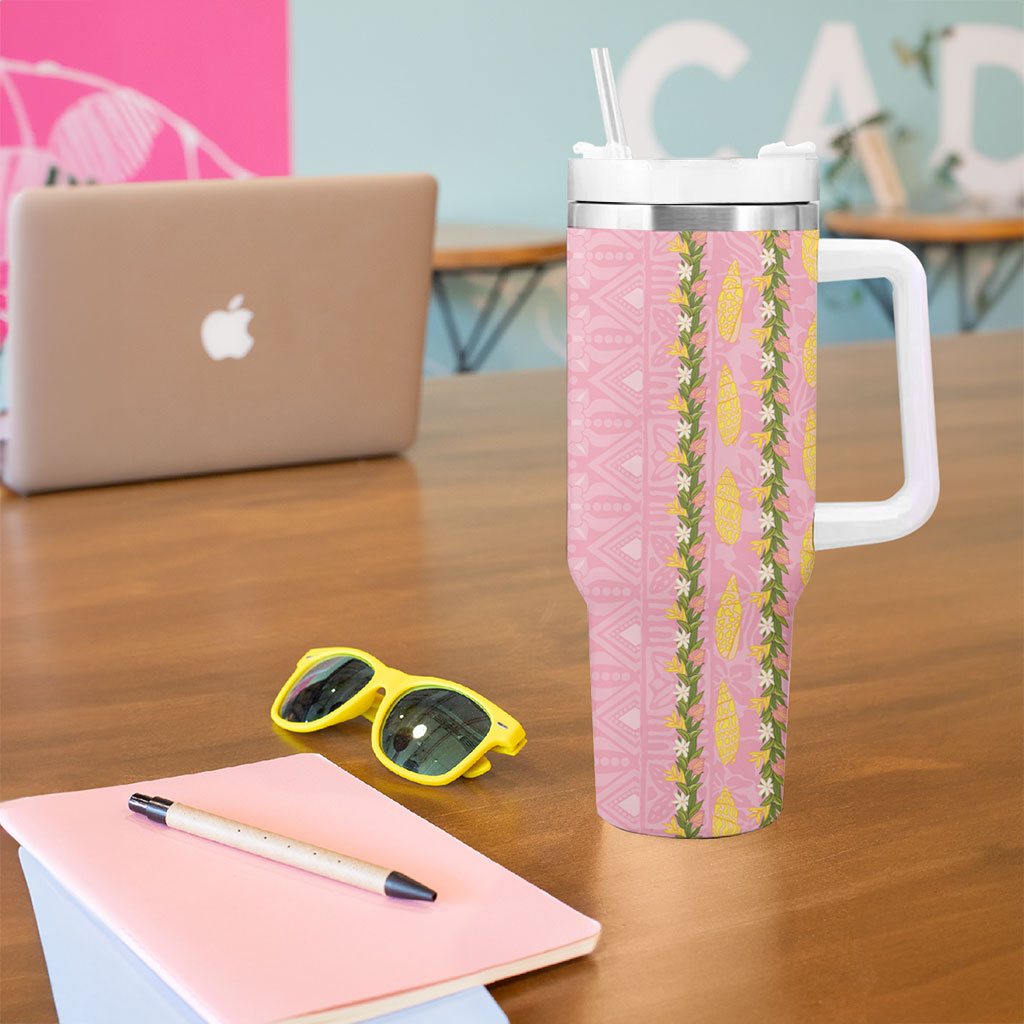 Hawaii Shell Tiare Anthurium Heliconia Lei Tumbler With Handle With Tapa Pattern Baby Pink