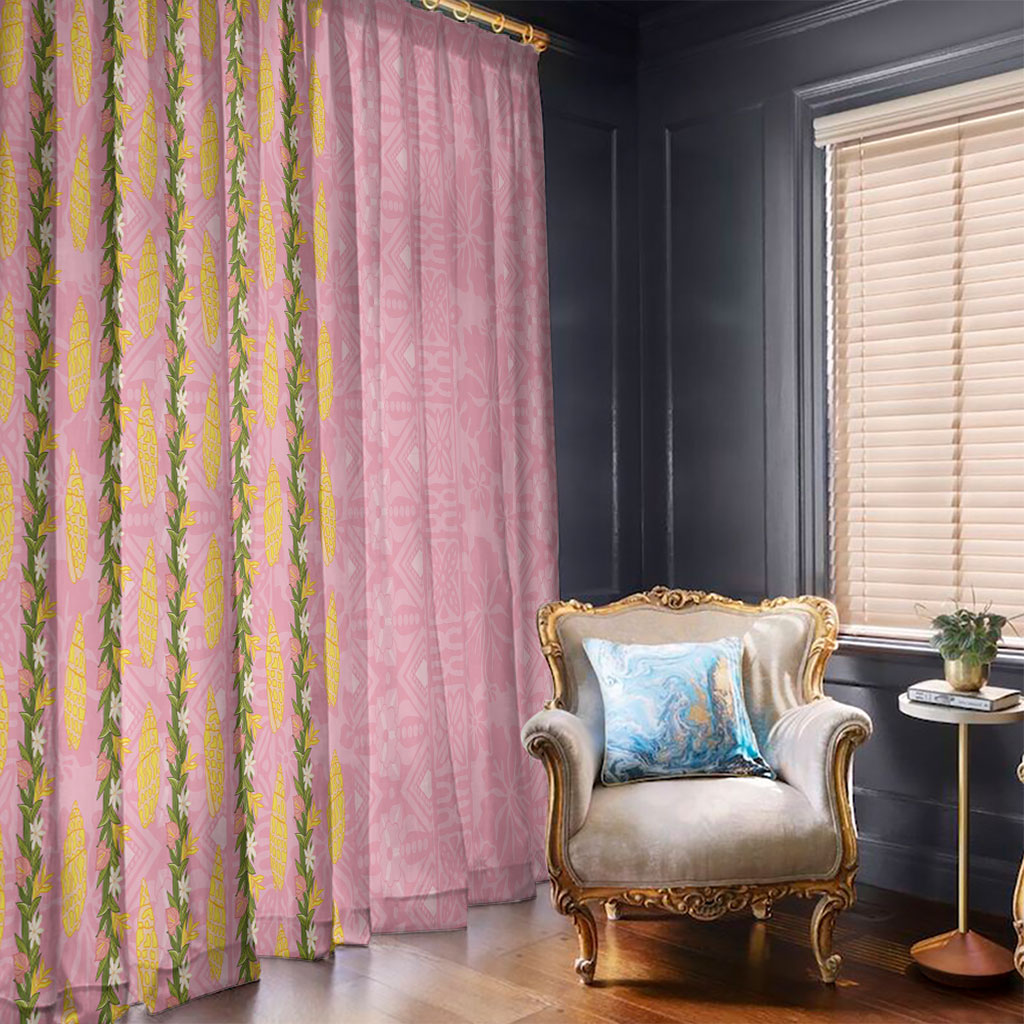 Hawaii Shell Tiare Anthurium Heliconia Lei Window Curtain With Tapa Pattern Baby Pink