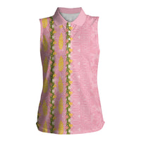 Hawaii Shell Tiare Anthurium Heliconia Lei Women Sleeveless Polo Shirt With Tapa Pattern Baby Pink