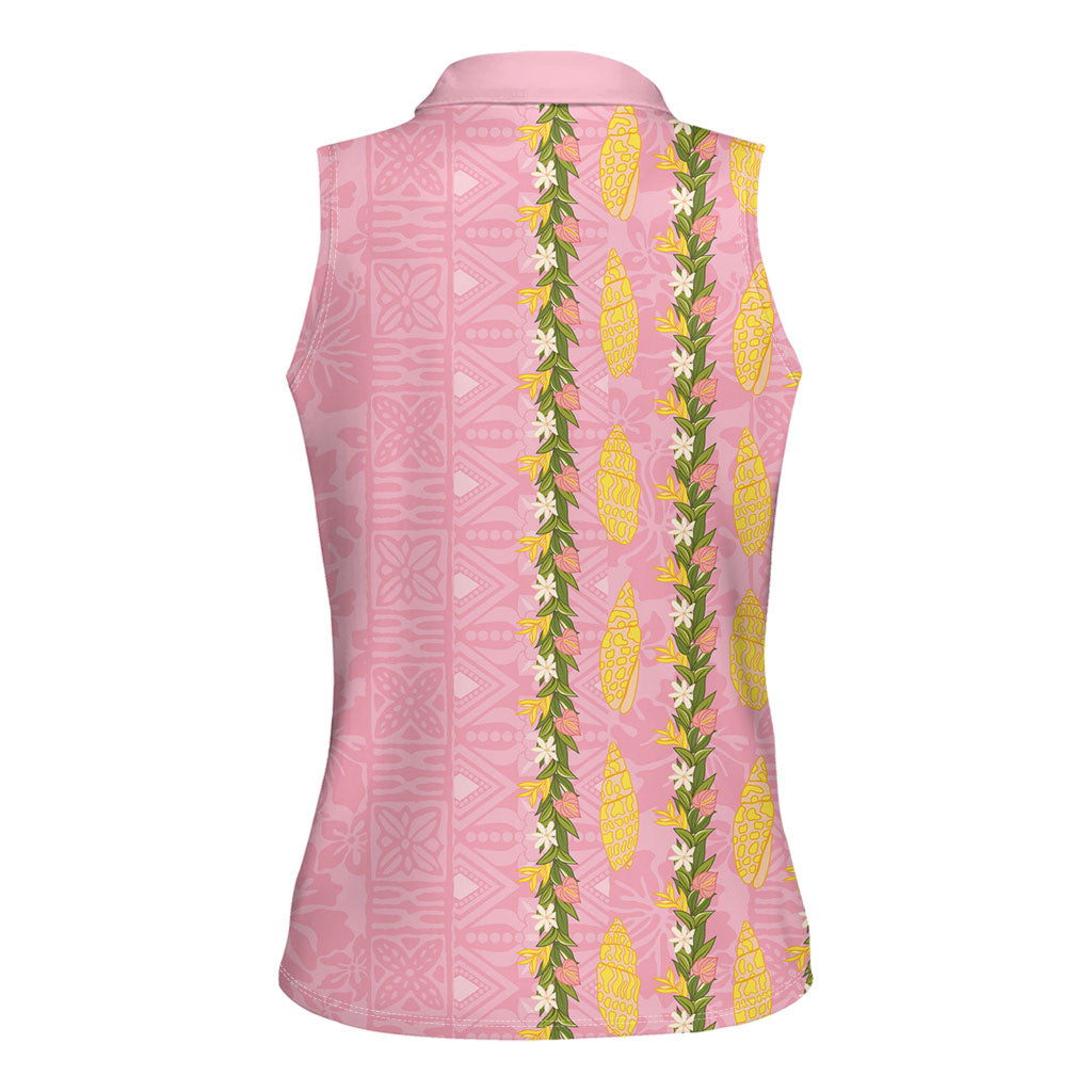 Hawaii Shell Tiare Anthurium Heliconia Lei Women Sleeveless Polo Shirt With Tapa Pattern Baby Pink