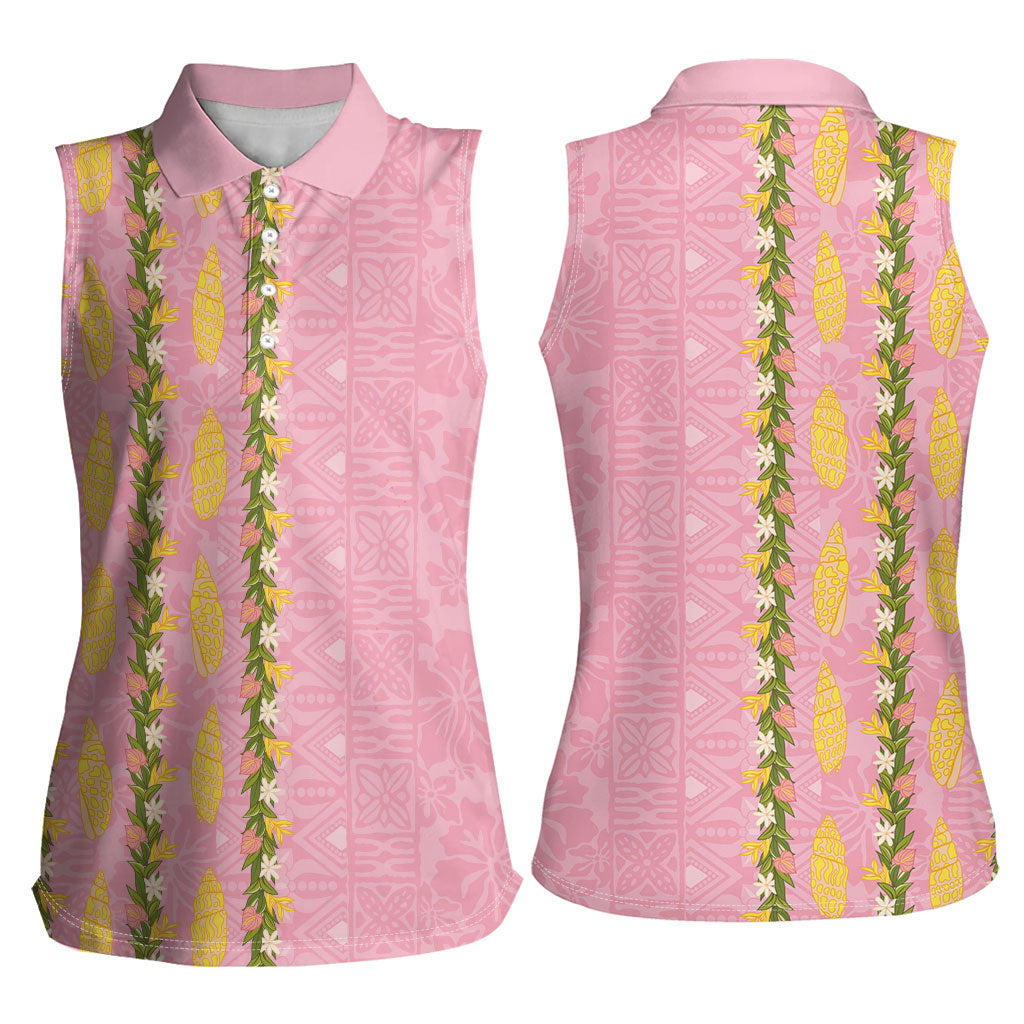Hawaii Shell Tiare Anthurium Heliconia Lei Women Sleeveless Polo Shirt With Tapa Pattern Baby Pink