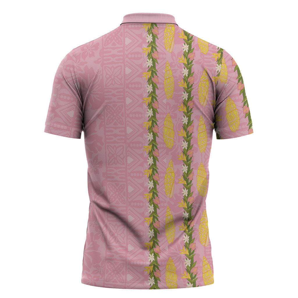 Hawaii Shell Tiare Anthurium Heliconia Lei Zipper Polo Shirt With Tapa Pattern Baby Pink