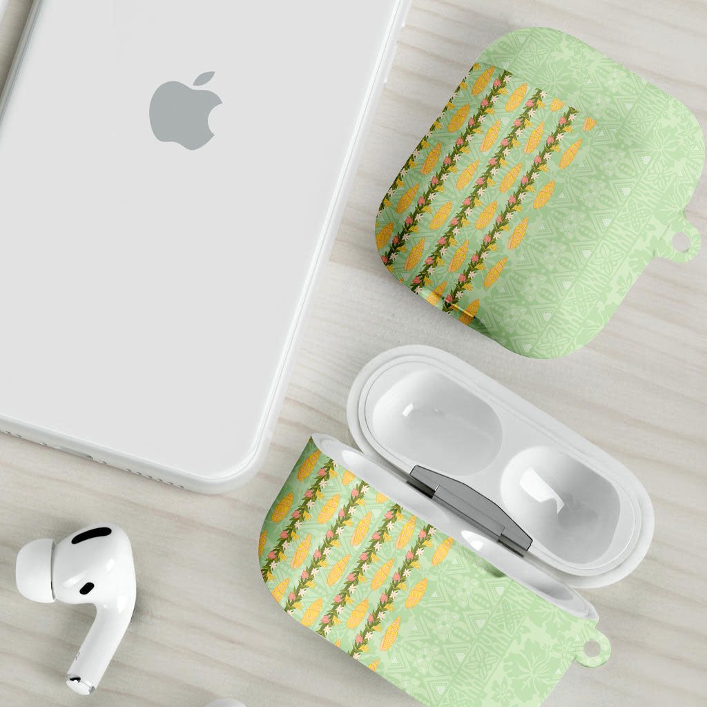 Hawaii Shell Tiare Anthurium Heliconia Lei AirPods Case With Tapa Pattern Baby Green