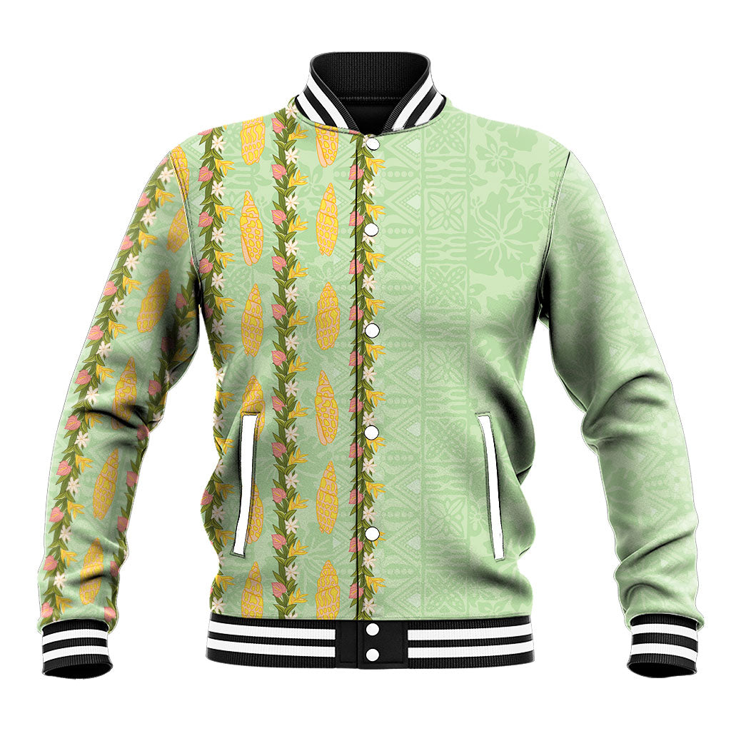 Hawaii Shell Tiare Anthurium Heliconia Lei Baseball Jacket With Tapa Pattern Baby Green