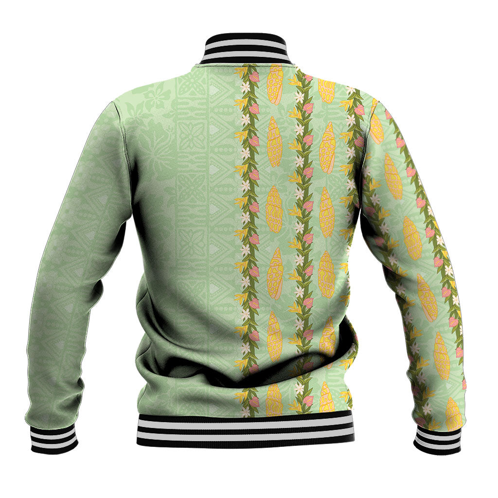 Hawaii Shell Tiare Anthurium Heliconia Lei Baseball Jacket With Tapa Pattern Baby Green