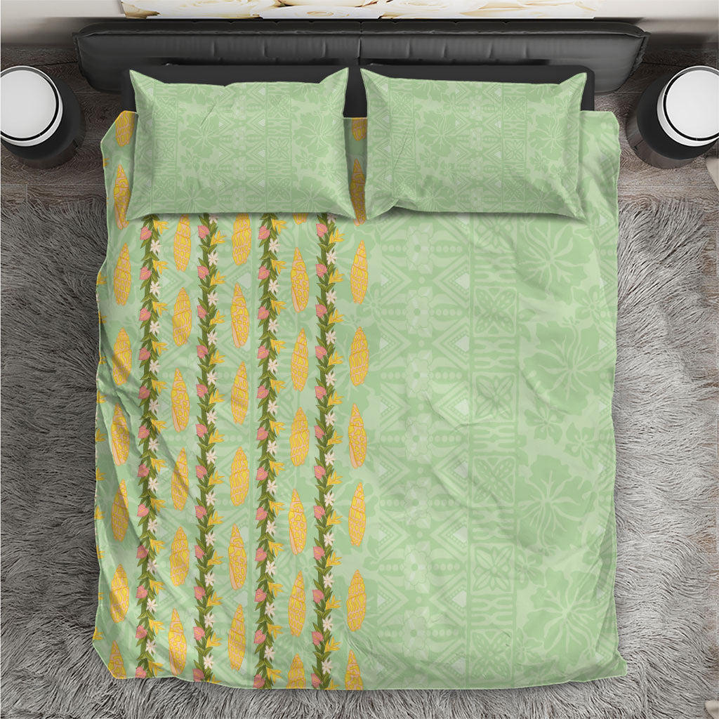 Hawaii Shell Tiare Anthurium Heliconia Lei Bedding Set With Tapa Pattern Baby Green LT05 Green - Polynesian Pride