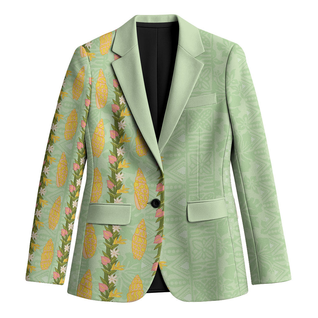 Hawaii Shell Tiare Anthurium Heliconia Lei Blazer With Tapa Pattern Baby Green