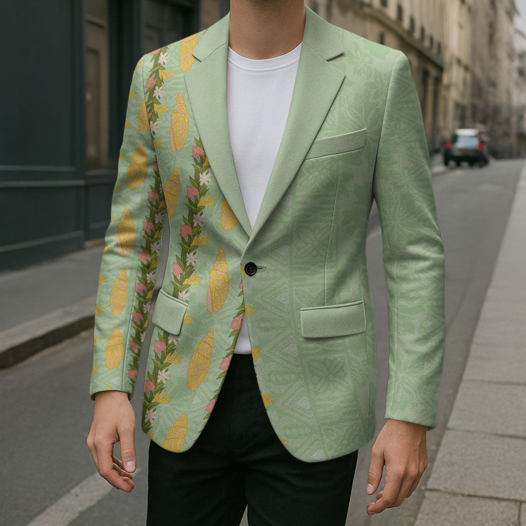 Hawaii Shell Tiare Anthurium Heliconia Lei Blazer With Tapa Pattern Baby Green