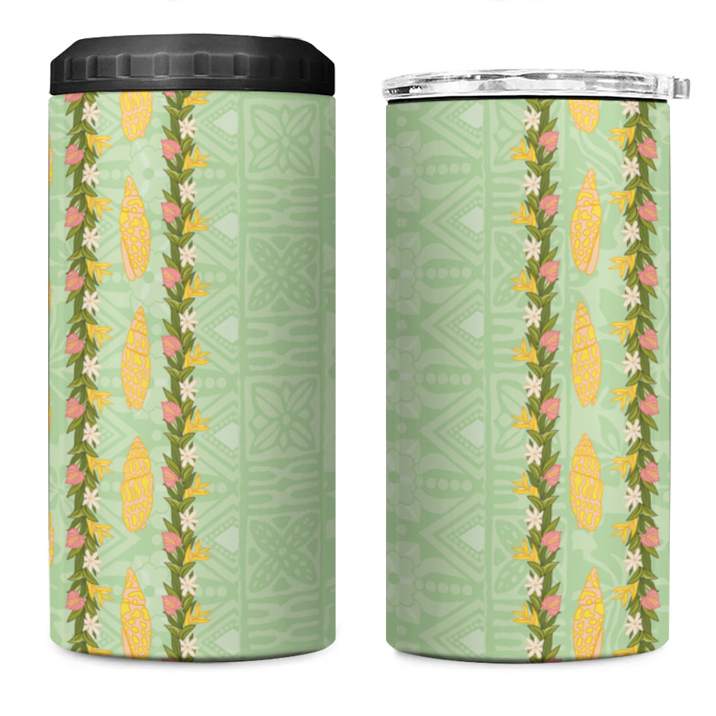 Hawaii Shell Tiare Anthurium Heliconia Lei 4 in 1 Can Cooler Tumbler With Tapa Pattern Baby Green