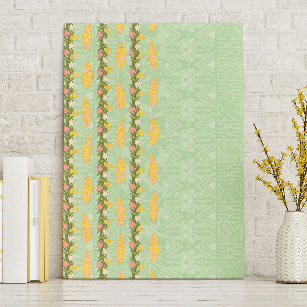 Hawaii Shell Tiare Anthurium Heliconia Lei Canvas Wall Art With Tapa Pattern Baby Green LT05 Without Frame Green - Polynesian Pride
