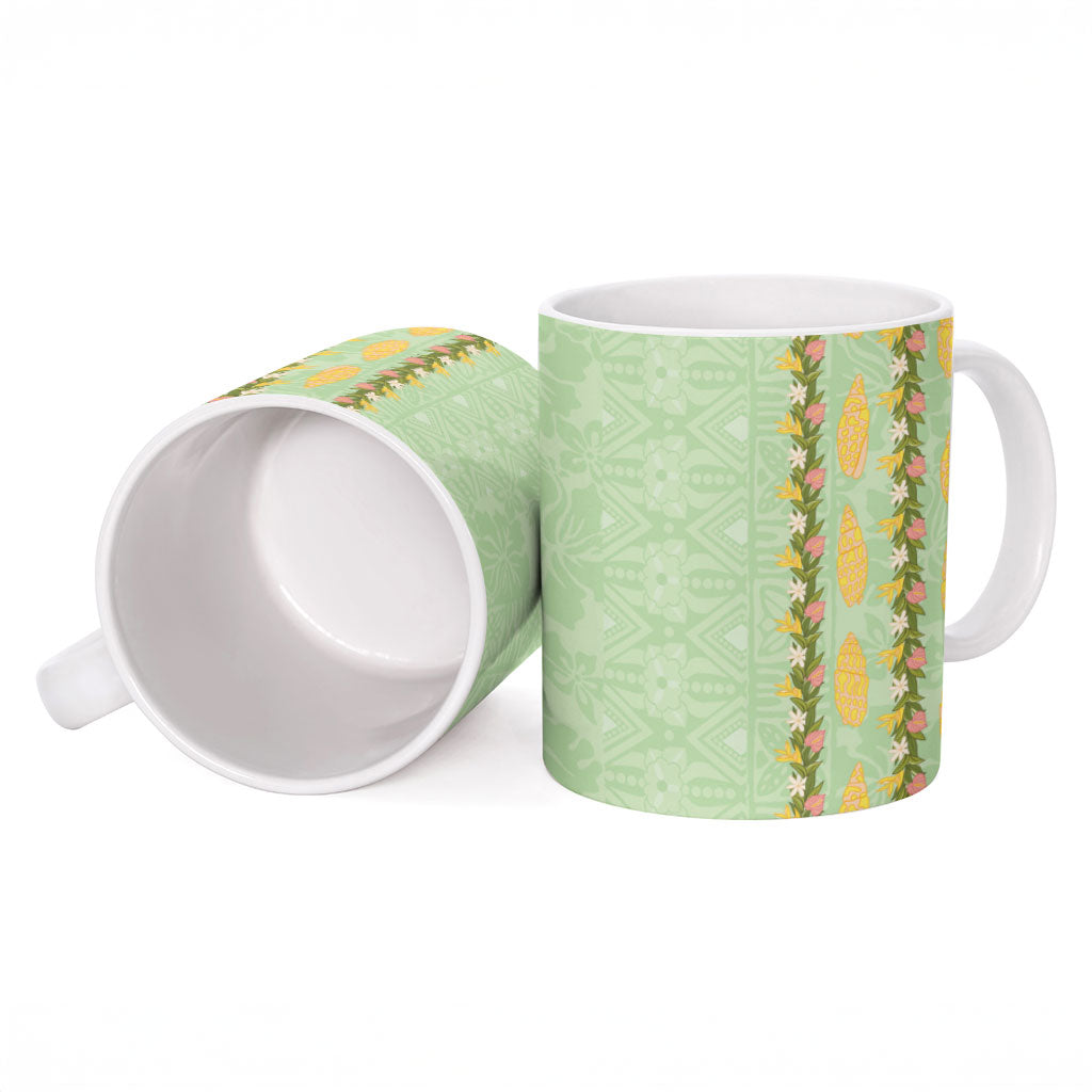 Hawaii Shell Tiare Anthurium Heliconia Lei Ceramic Mug With Tapa Pattern Baby Green