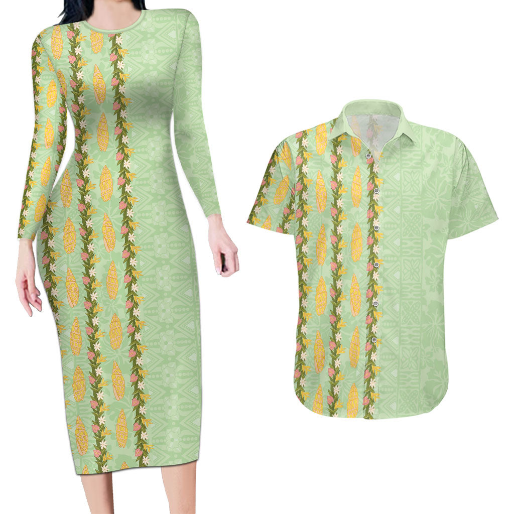 Hawaii Shell Tiare Anthurium Heliconia Lei Couples Matching Long Sleeve Bodycon Dress and Hawaiian Shirt With Tapa Pattern Baby Green LT05 Green - Polynesian Pride