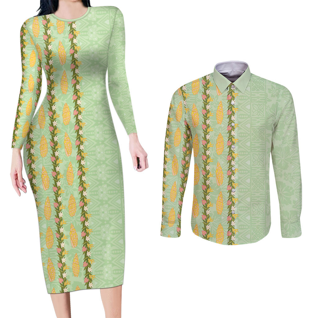 Hawaii Shell Tiare Anthurium Heliconia Lei Couples Matching Long Sleeve Bodycon Dress and Long Sleeve Button Shirt With Tapa Pattern Baby Green LT05 Green - Polynesian Pride