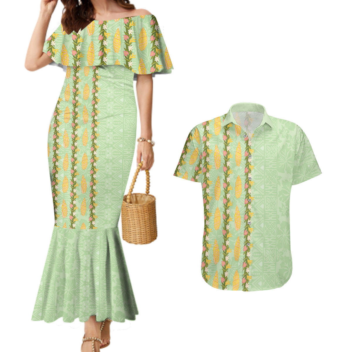 Hawaii Shell Tiare Anthurium Heliconia Lei Couples Matching Mermaid Dress and Hawaiian Shirt With Tapa Pattern Baby Green LT05 Green - Polynesian Pride