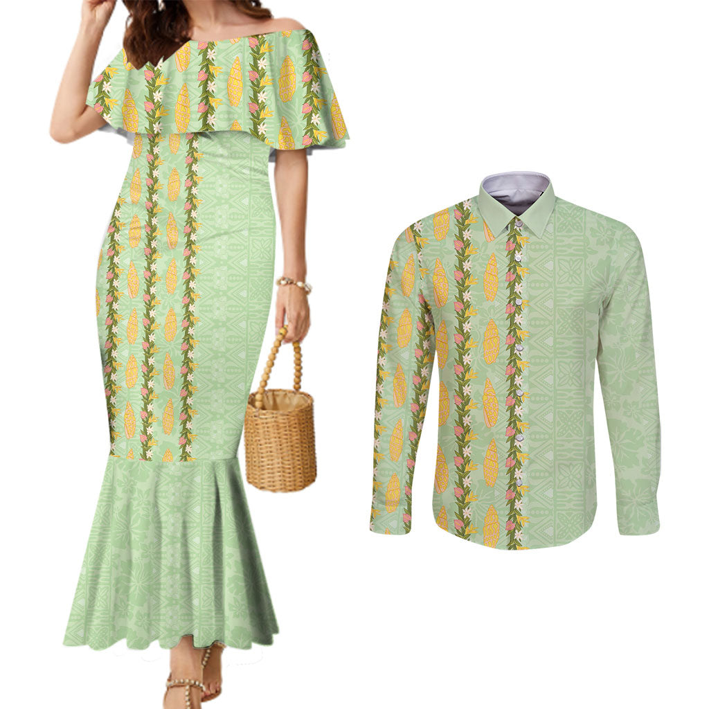 Hawaii Shell Tiare Anthurium Heliconia Lei Couples Matching Mermaid Dress and Long Sleeve Button Shirt With Tapa Pattern Baby Green LT05 Green - Polynesian Pride