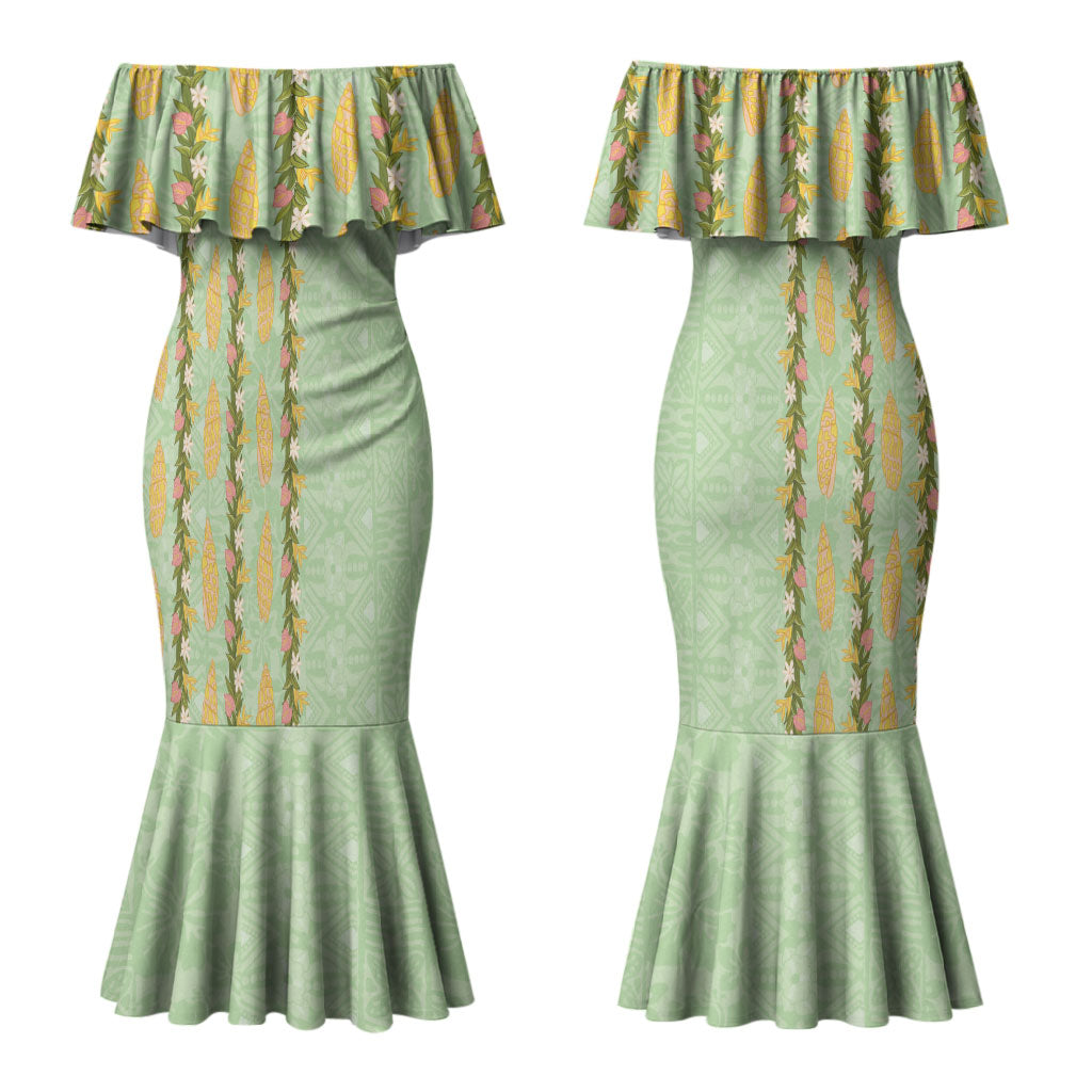 Hawaii Shell Tiare Anthurium Heliconia Lei Couples Matching Mermaid Dress and Long Sleeve Button Shirt With Tapa Pattern Baby Green LT05 - Polynesian Pride