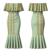 Hawaii Shell Tiare Anthurium Heliconia Lei Couples Matching Mermaid Dress and Long Sleeve Button Shirt With Tapa Pattern Baby Green LT05 - Polynesian Pride