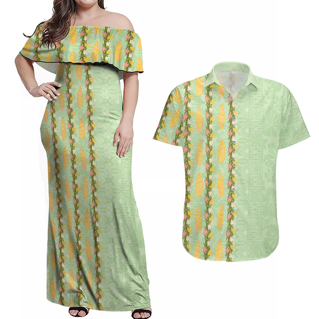 Hawaii Shell Tiare Anthurium Heliconia Lei Couples Matching Off Shoulder Maxi Dress and Hawaiian Shirt With Tapa Pattern Baby Green LT05 Green - Polynesian Pride