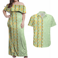 Hawaii Shell Tiare Anthurium Heliconia Lei Couples Matching Off Shoulder Maxi Dress and Hawaiian Shirt With Tapa Pattern Baby Green