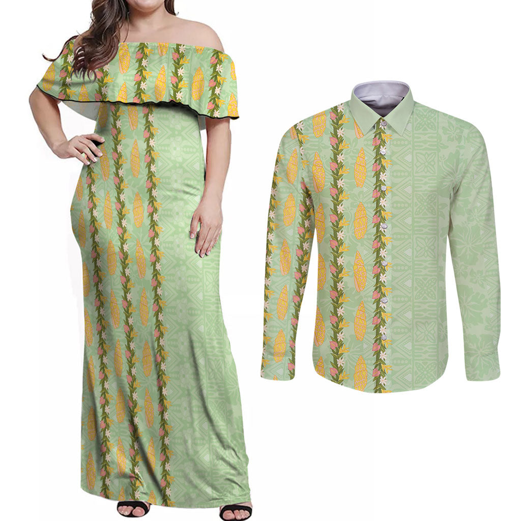 Hawaii Shell Tiare Anthurium Heliconia Lei Couples Matching Off Shoulder Maxi Dress and Long Sleeve Button Shirt With Tapa Pattern Baby Green LT05 Green - Polynesian Pride