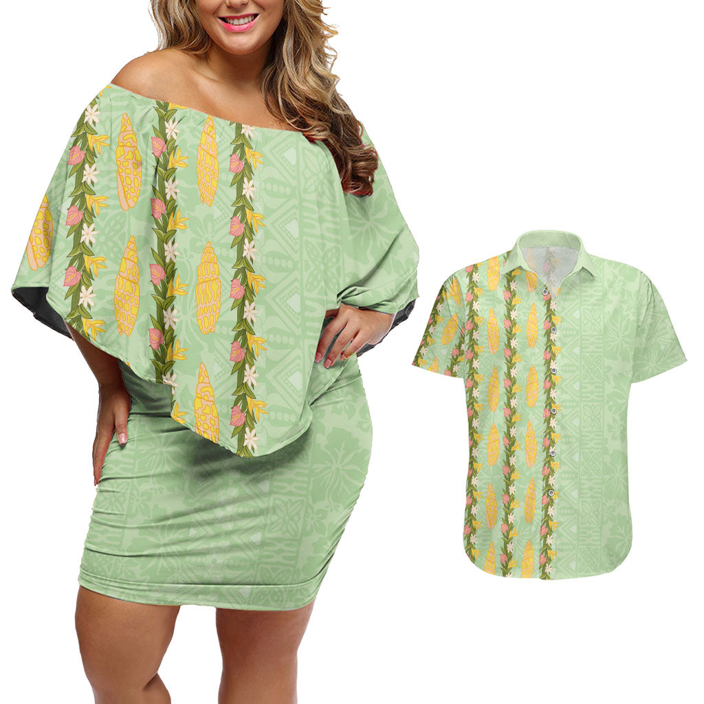 Hawaii Shell Tiare Anthurium Heliconia Lei Couples Matching Off Shoulder Short Dress and Hawaiian Shirt With Tapa Pattern Baby Green LT05 Green - Polynesian Pride
