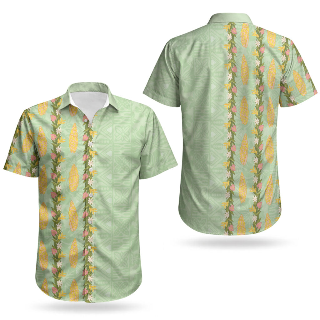 Hawaii Shell Tiare Anthurium Heliconia Lei Couples Matching Off Shoulder Short Dress and Hawaiian Shirt With Tapa Pattern Baby Green LT05 - Polynesian Pride