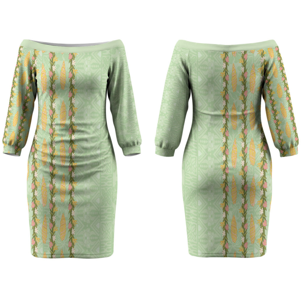 Hawaii Shell Tiare Anthurium Heliconia Lei Couples Matching Off The Shoulder Long Sleeve Dress and Hawaiian Shirt With Tapa Pattern Baby Green LT05 - Polynesian Pride