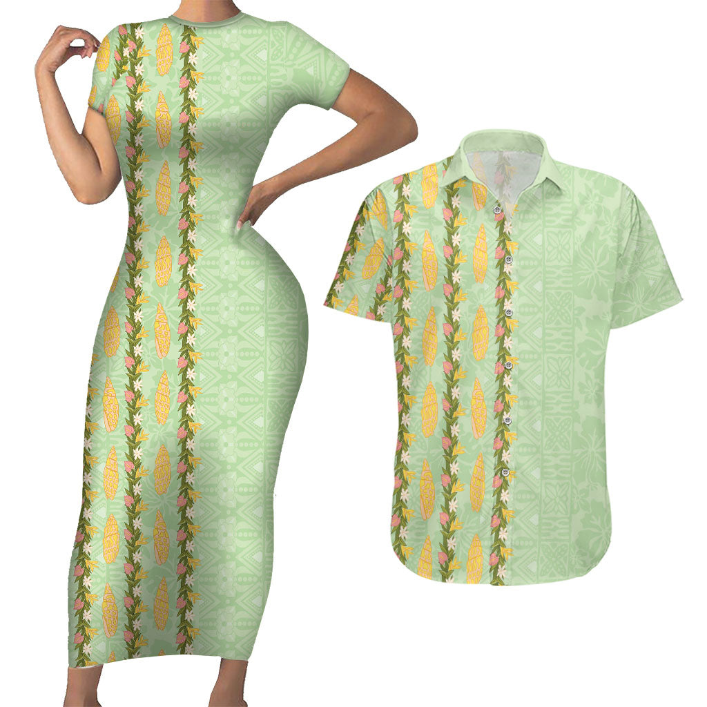 Hawaii Shell Tiare Anthurium Heliconia Lei Couples Matching Short Sleeve Bodycon Dress and Hawaiian Shirt With Tapa Pattern Baby Green LT05 Green - Polynesian Pride