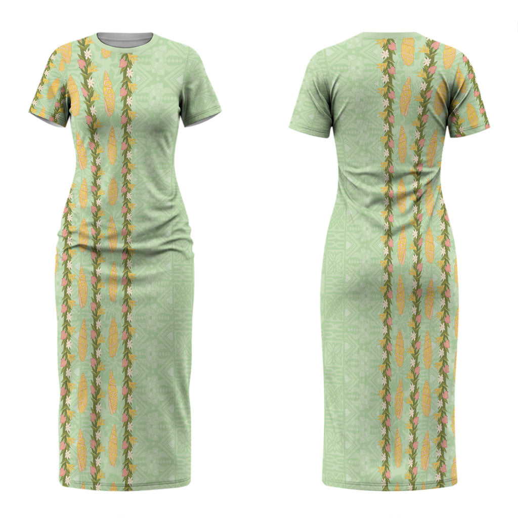 Hawaii Shell Tiare Anthurium Heliconia Lei Couples Matching Short Sleeve Bodycon Dress and Hawaiian Shirt With Tapa Pattern Baby Green LT05 - Polynesian Pride