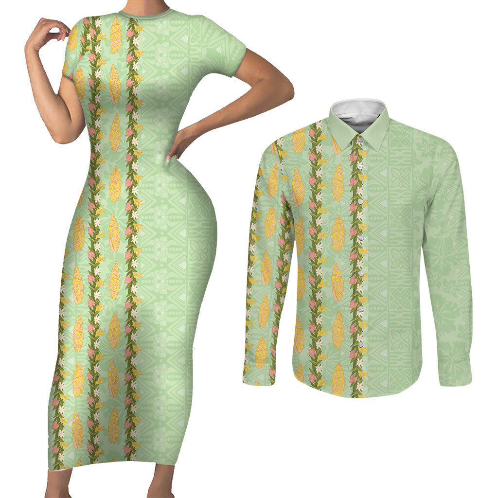 Hawaii Shell Tiare Anthurium Heliconia Lei Couples Matching Short Sleeve Bodycon Dress and Long Sleeve Button Shirt With Tapa Pattern Baby Green LT05 Green - Polynesian Pride