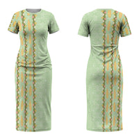 Hawaii Shell Tiare Anthurium Heliconia Lei Couples Matching Short Sleeve Bodycon Dress and Long Sleeve Button Shirt With Tapa Pattern Baby Green LT05 - Polynesian Pride