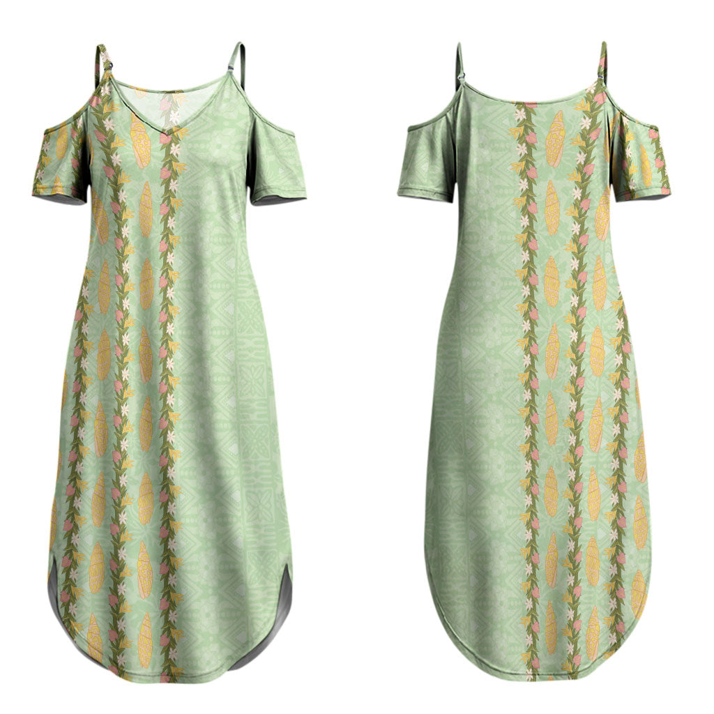 Hawaii Shell Tiare Anthurium Heliconia Lei Couples Matching Summer Maxi Dress and Hawaiian Shirt With Tapa Pattern Baby Green LT05 - Polynesian Pride