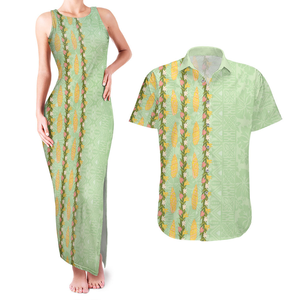 Hawaii Shell Tiare Anthurium Heliconia Lei Couples Matching Tank Maxi Dress and Hawaiian Shirt With Tapa Pattern Baby Green LT05 Green - Polynesian Pride
