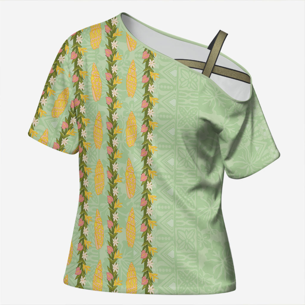 Hawaii Shell Tiare Anthurium Heliconia Lei Cross Shoulder Shirt With Tapa Pattern Baby Green