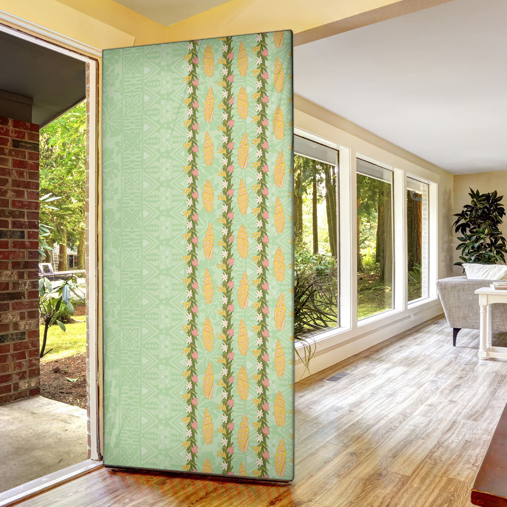 Hawaii Shell Tiare Anthurium Heliconia Lei Door Cover With Tapa Pattern Baby Green